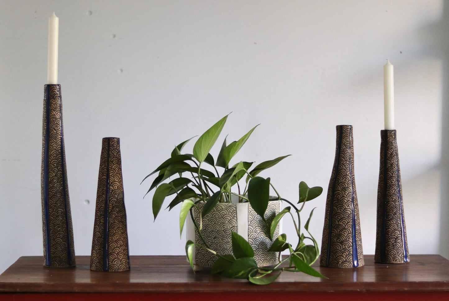 Candle Holder - Tan Scale w Blue Accents
